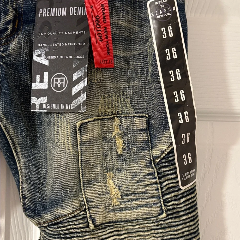 Reason Men's Distressed Blue Denim Jeans - Picture 4 of 9